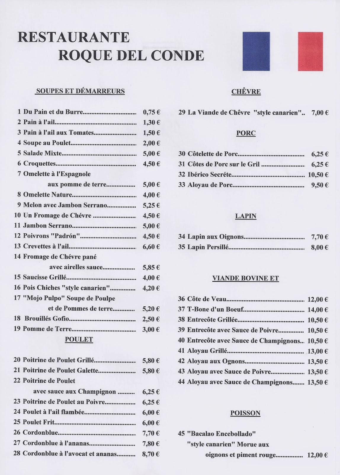 Menu Francés Restaurante Roque del Conde