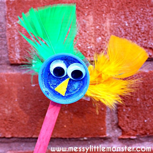 An easy and fun bird puppet kids craft for toddlers and preschoolers. Upcycle bottle tops to make these adorable birds and use them in imaginative play and to act out the nursery rhyme 'Two Little Dickie Birds'.