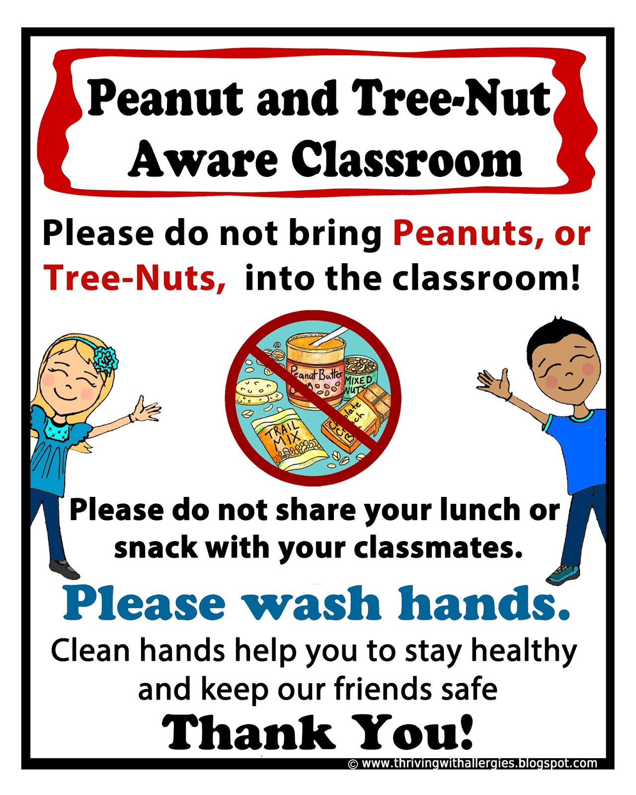 Thriving With Allergies Peanut, treenut free classroom poster, Food