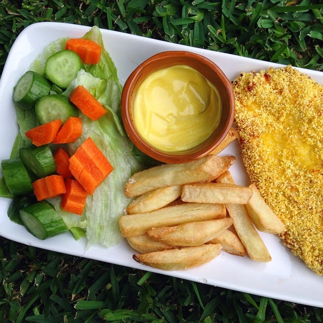 Healthy Baked Chicken Schnitzel with Chips and Salad