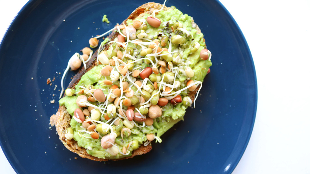Avocado on Sourdough Toast with Lentil Sprouts & Seeds
