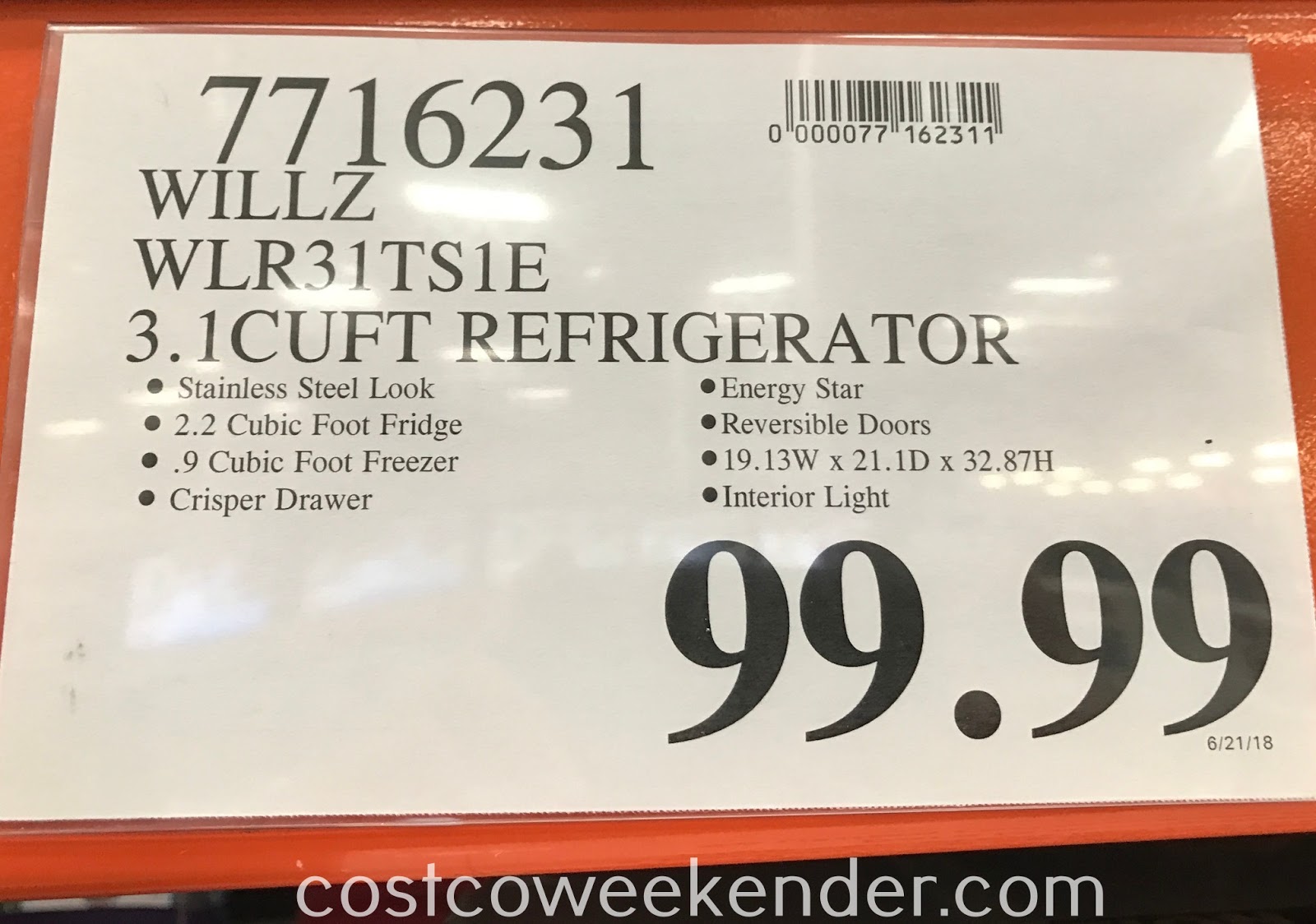 Willz 3.1 cubic ft Compact Refrigerator/Freezer (WLR31TS1E) | Costco