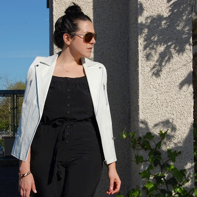 Stylestalker white leather vest, black jumpsuit and Zara sandals