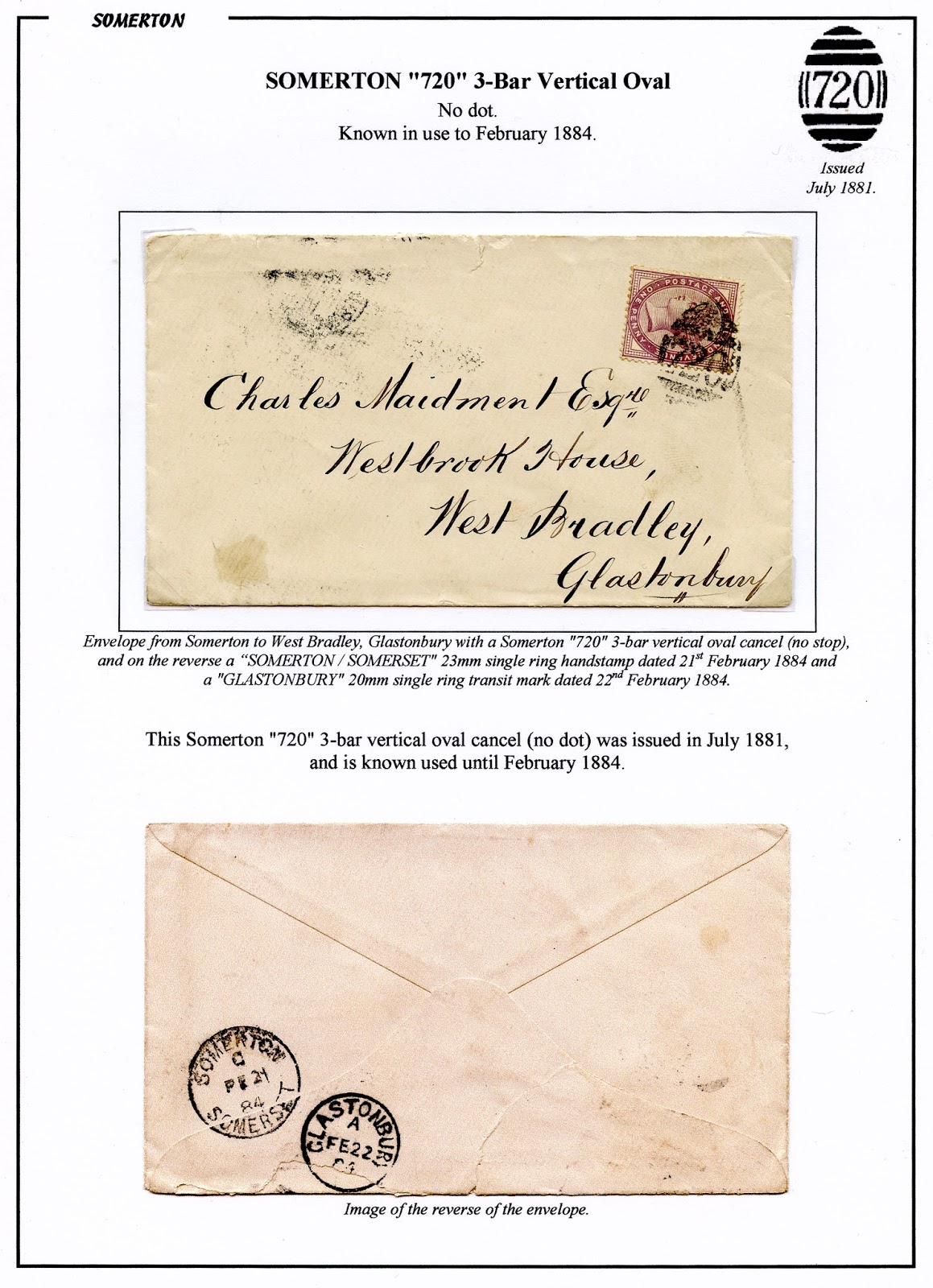 Somerset (& Bristol) Postal History Somerton "720" horizontal and