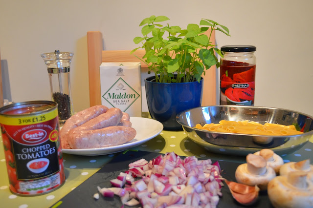 Ingredients for sausage and mushroom penne 