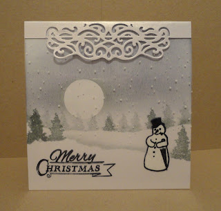 Christmas card - landscape with  snowman and greeting on acetate layer