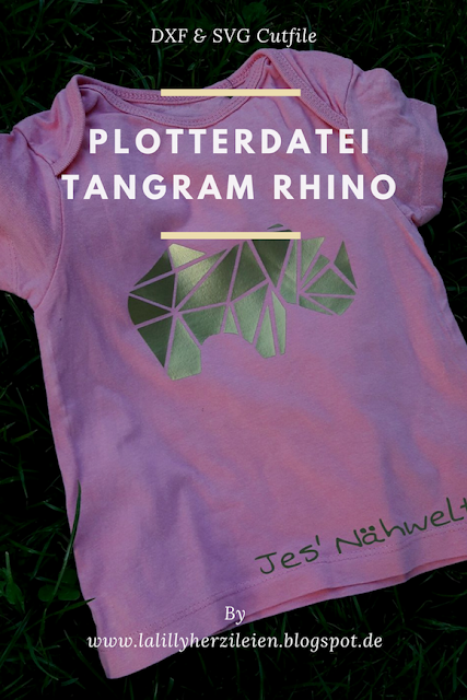 Plottervorlage "TangramRhino" Die gradlinige Plotterdatei für ein Nashorn im Tangramstil läd dazu ein mit auffälligen Materialien wie metallischer Flexfolie zu spielen.