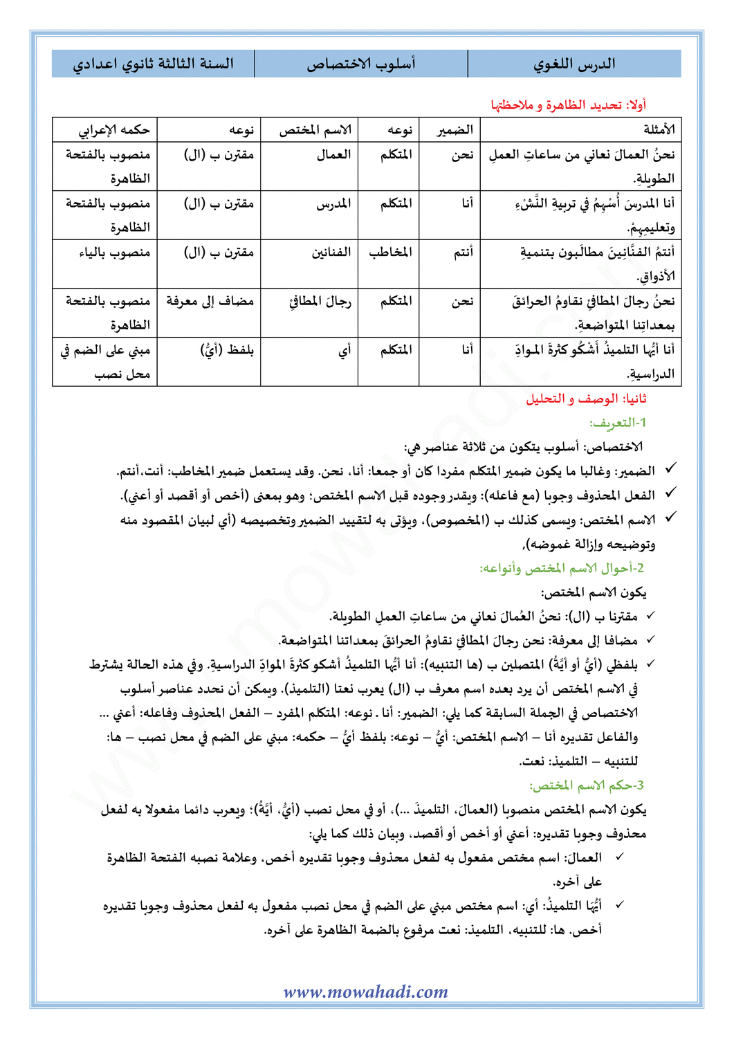 الدرس اللغوي أسلوب الاختصاص للسنة الثالثة اعدادي في مادة اللغة العربية