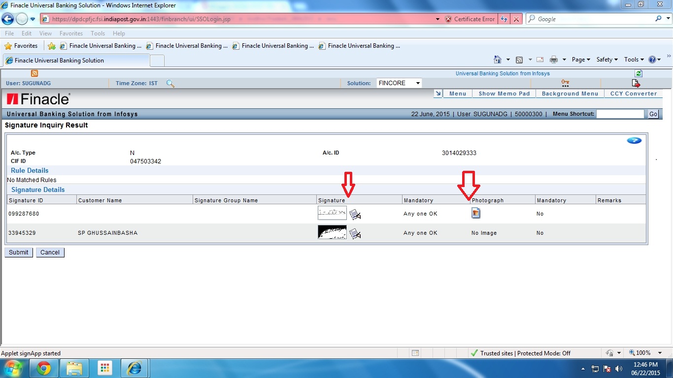 DOP Finacle Tutorials: Signature viewing menu in DOP Finacle