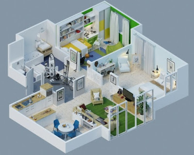 Extra modern 3D floor plan with large living room Extra modern 3D floor plan with large living room