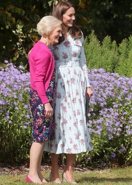 Kate Middleton wore Emilia Wickstead Aurora belted floral-print Swiss-dot cotton-blend seersucker dress and Monsoon fleur wedges