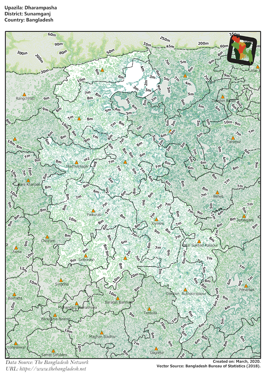 Dharampasha Upazila Elevation Map Sunamganj District Bangladesh