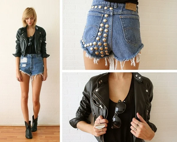 Coal N Terry Studded Shorts, H&M Leather Jacket, Topshop Tank