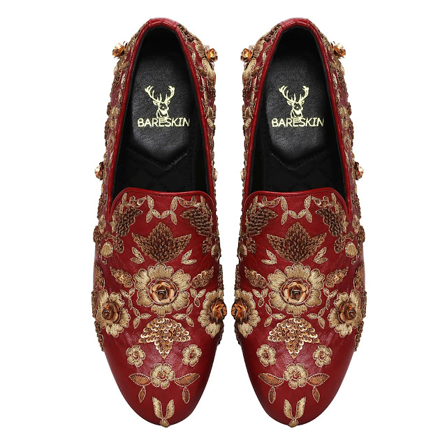 Bareskin Maroon Leather Slip-on with Copper gold zardozi embroidery - Rs 12,999 Bareskin Maroon Leather Slip-on with Copper gold zardozi embroidery - Rs 12,999