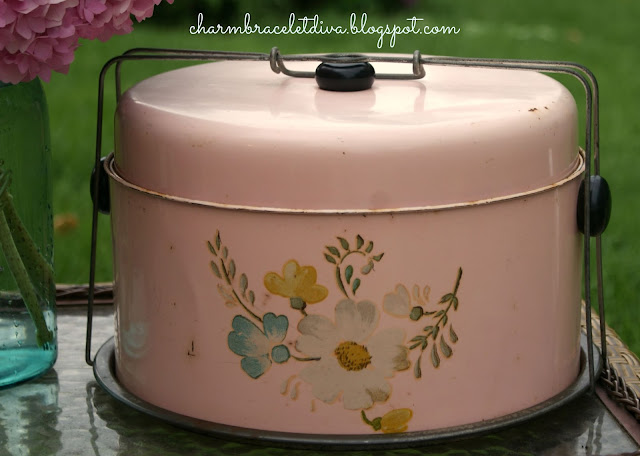 vintage pink tin cake carrier
