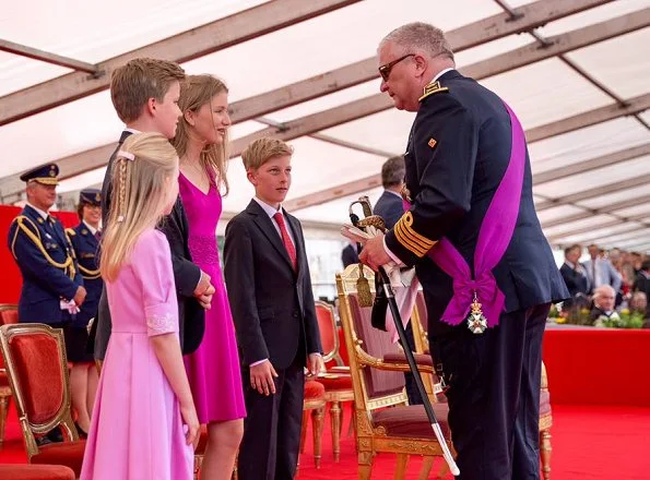 Queen Mathilde, Crown Princess Elisabeth, Princess Eleonore, Prince Gabriel and Prince Emmanuel at Belgian National Day. Natan Dress