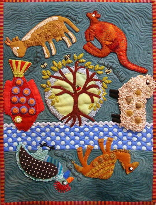Travel Journal by Sue Spargo, wool applique wall quilt