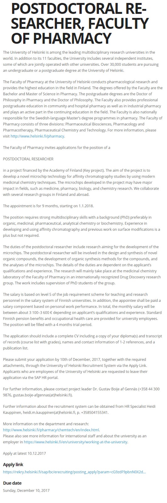 Postdoctoral Scholarship for Pakistani Students at University of Helsinki in Finland Postdoctoral Scholarship for Pakistani Students at University of Helsinki in Finland