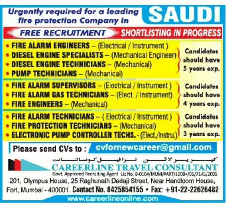 Fire protection company Large Job vacancies for KSA Free Recruitment