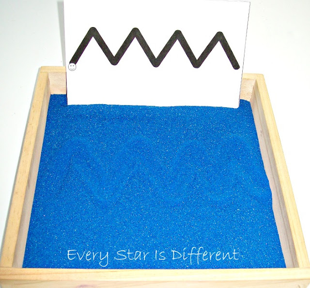Shark themed prewriting sand tray activity