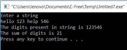 All C Programs: Program 93:To print sum of digits in string
