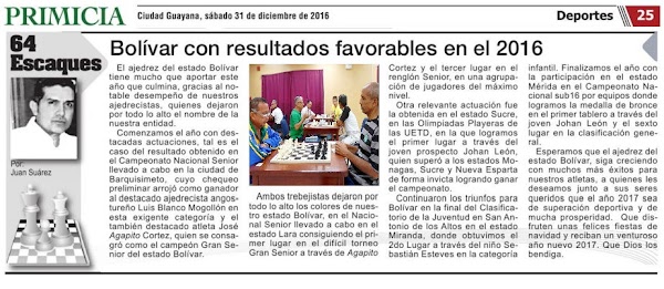 Columna de ajedrez "64 Escaques" / Bolívar con resultados favorables en el 2016 Columna de ajedrez "64 Escaques" / Bolívar con resultados favorables en el 2016