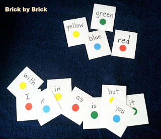 homemade board game word cards (Brick by Brick)