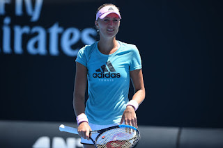Kristina Mladenovic in Blue Dress while Practicing in Melbourne
