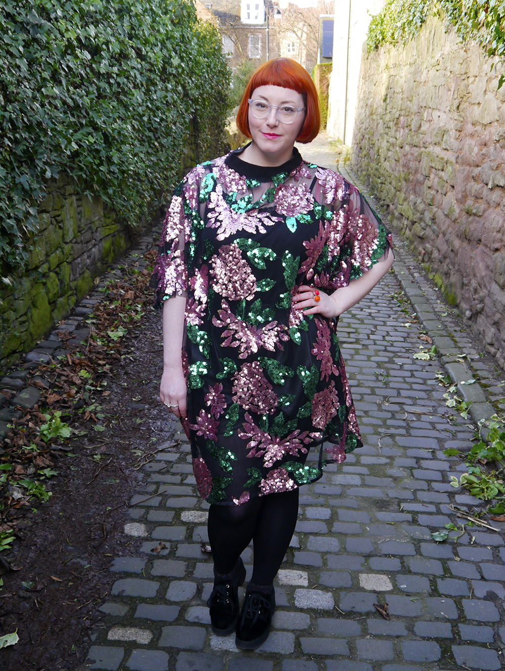 Floral Sequin Dress from Isolated Heroes Isolated Heroes, Styled by Helen, Dundee designer, Scottish designer, Scottish blogger, Independent designer, street style, sequined outfit, sequin floral dress, plus size dressing