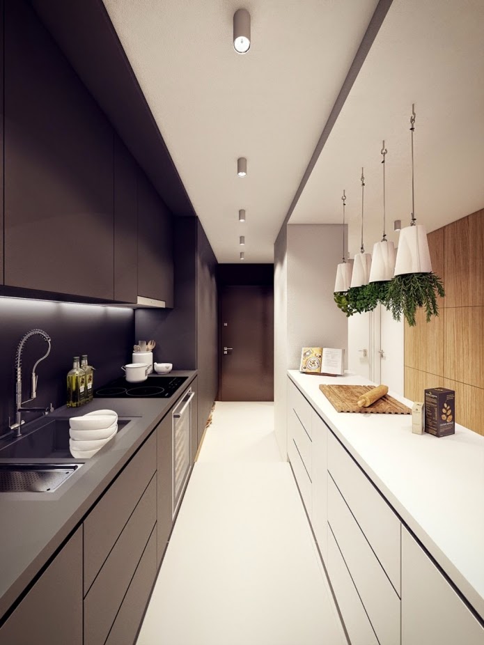 narrow kitchen designs: long narrow kitchen in white and black colors