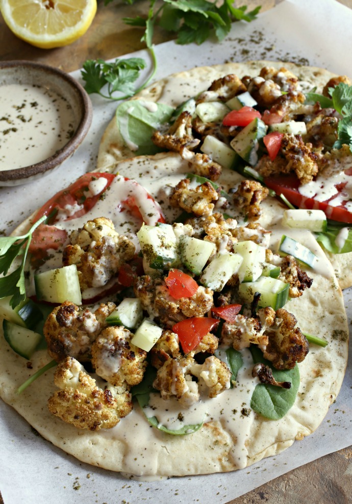 Cauliflower roasted in shawarma spices and served with pita and tahini sauce.