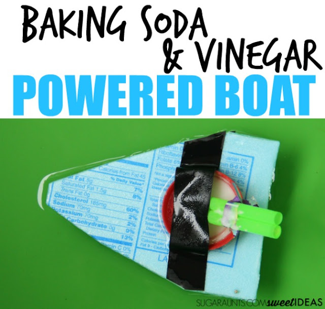 Baking soda and vinegar react in this movement and power STEM activity to power a boat made with recycled materials. This is a fun outdoor STEM science experiment for kids.