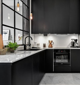 Black Kitchen Cabinets with white countertops and black sink :: OrganizingMadeFun.com