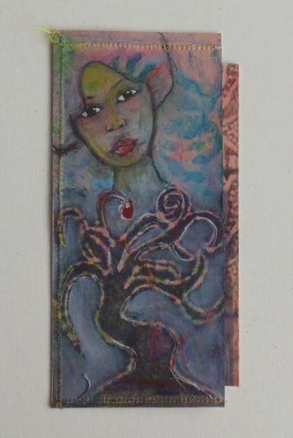 Art by Amanda  Trought of Tree with Fruit and woman on stitched painted card