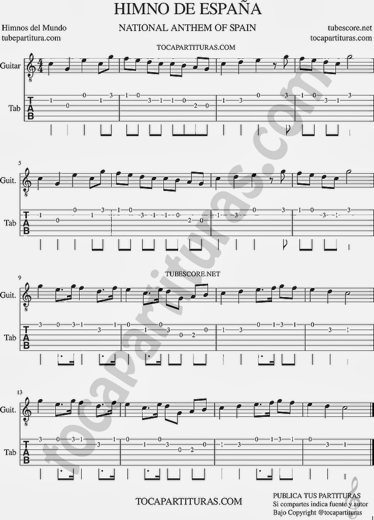 Himno de España Tablatura y partitura del Punteo de Guitarra (tab) para aprender a tocar la melodía con guitarra National Anthem of Spain Tabs sheet music for guitar