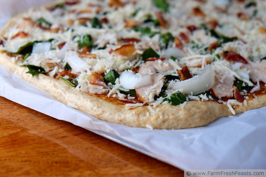 Pizza with BBQ Chicken, Bacon and Kohlrabi Greens | Farm Fresh Feasts