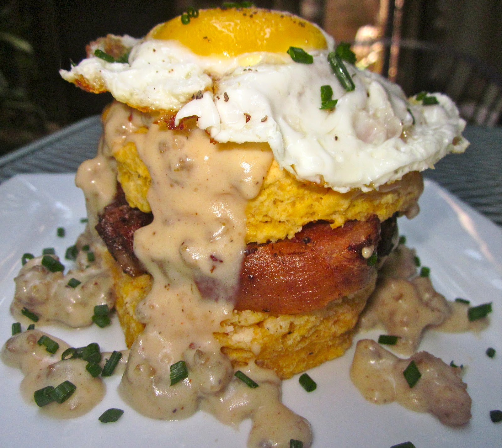 Haute + Heirloom Sweet Potato Biscuits with Sausage Gravy, Crispy Pork Belly, & a Fried Egg