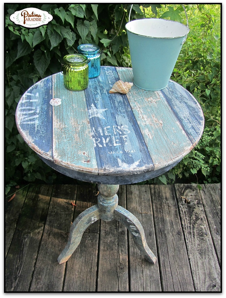 Coastal Table With Faux Plank Boards & Saltwash Patina Paradise
