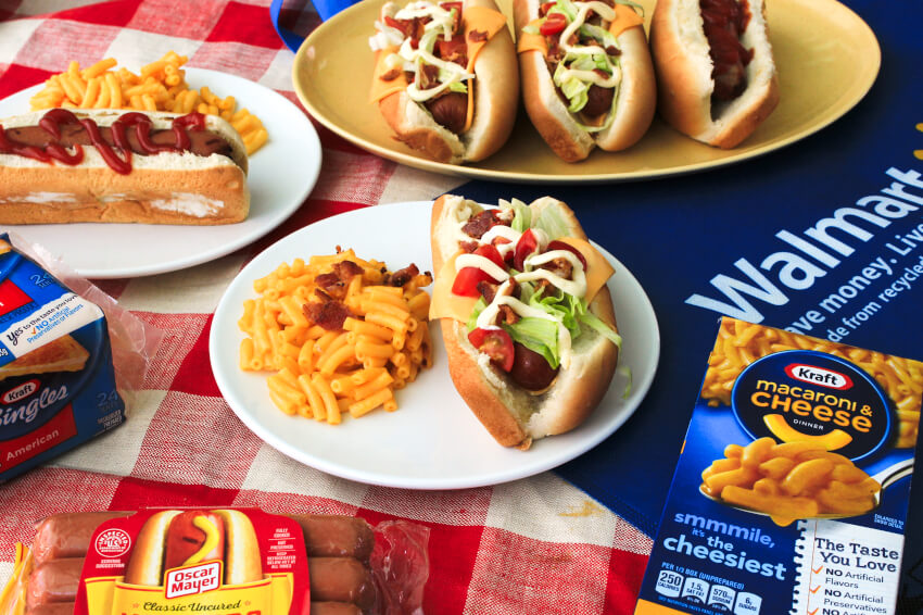 All-American Club Dogs topped with American cheese, lettuce, tomatoes, bacon, and mayo are a fun twist on a summer favorite!  These tasty grilled dogs will be the talk of your next barbecue!  #ad @Kraft @Heinz #hotdogs