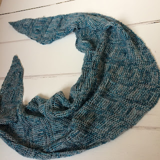 Photograph of the finished Spun Gold Shawl - a diamond shape shawl