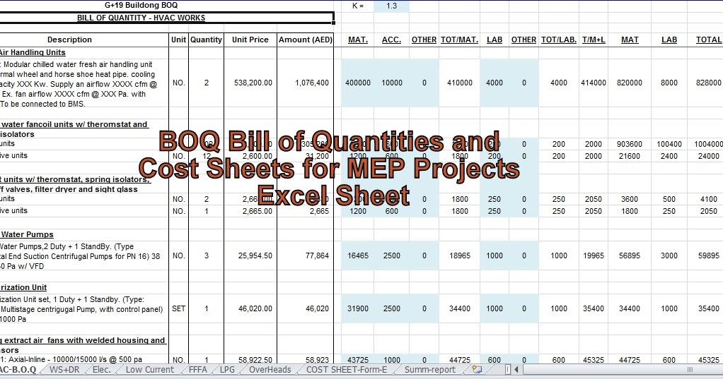 Engineeringxls BOQ Bill of Quantities and Cost Sheets for MEP