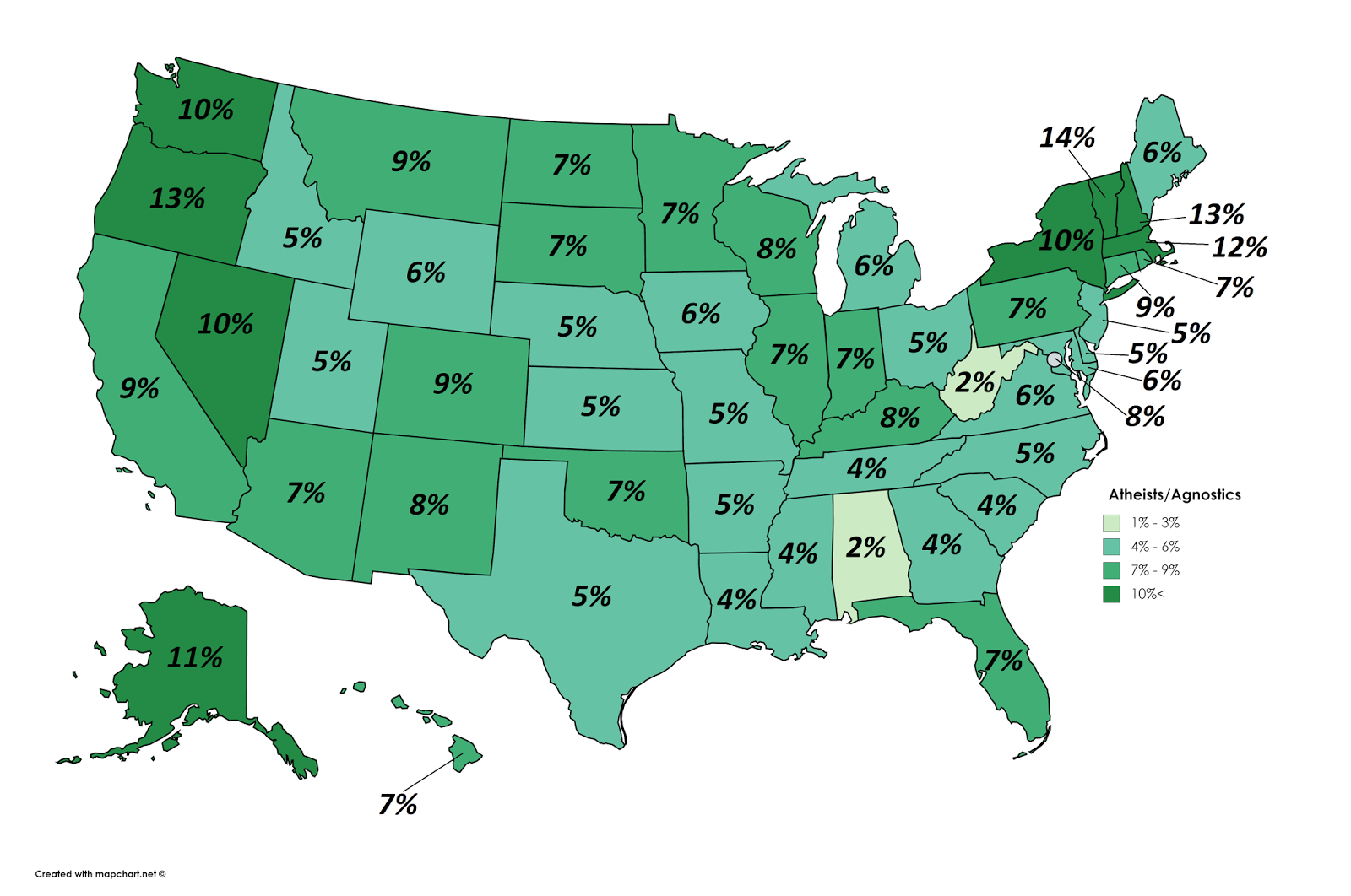 Atheists per U.S. state - Vivid Maps