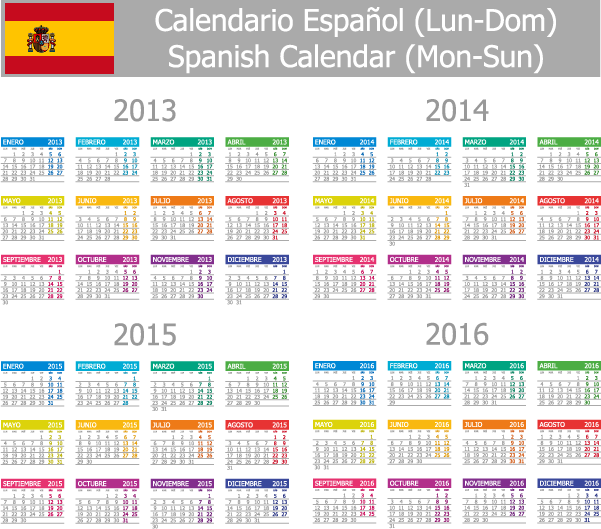 calendario 2013 2014 2015 2016 español - vector