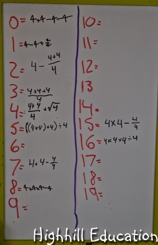 Highhill Homeschool: Making Numbers - Four 4's - Math with a Thinking