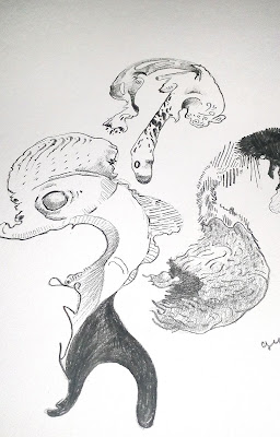 Close up photo of Kostas Gogas' drawing, entitled 'Abstract Fish', depicting fish-like shapes made with pencil. Click to enlarge.