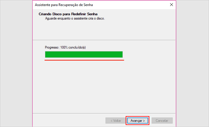 Disco de redefinição de senha criado com sucesso no Windows 10