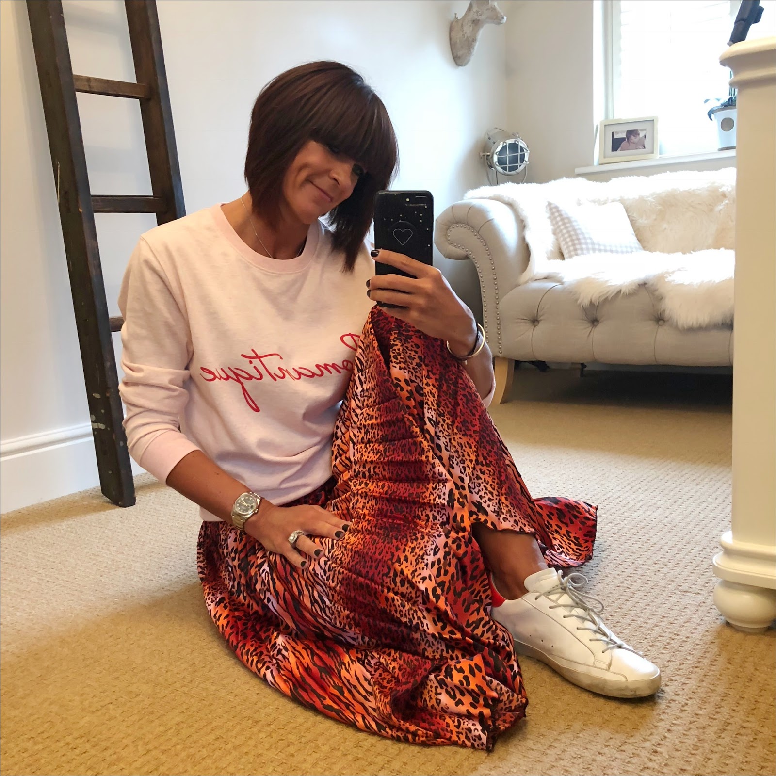 my midlife fashion, love sweat and tees romantique sweat, asos satin leopard print pleated maxi skirt, golden goose superstar low top leather trainers