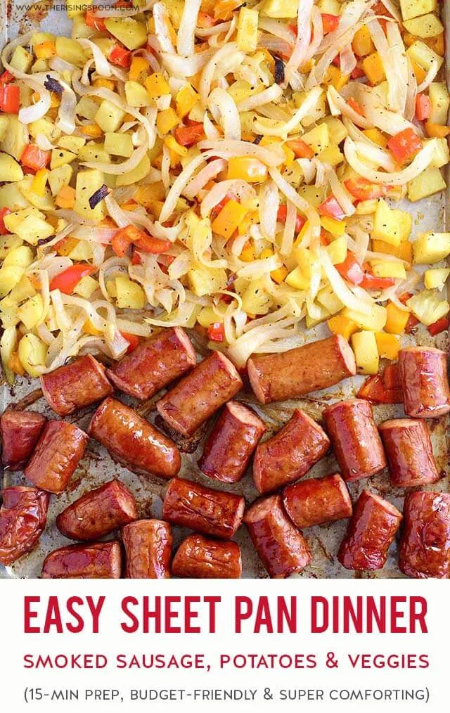 A super easy sheet pan dinner recipe with smoked sausage, potatoes & veggies. Prep the simple, budget-friendly ingredients in only 15 minutes, pop it in the oven & go relax for a bit. This is my go-to "lazy" meal when I'm feeling tired & hungry but want to eat something homemade & comforting without much work. (gluten-free, grain-free, dairy-free & whole30)
