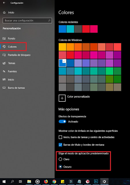 menu colores modo oscuro windows 10
