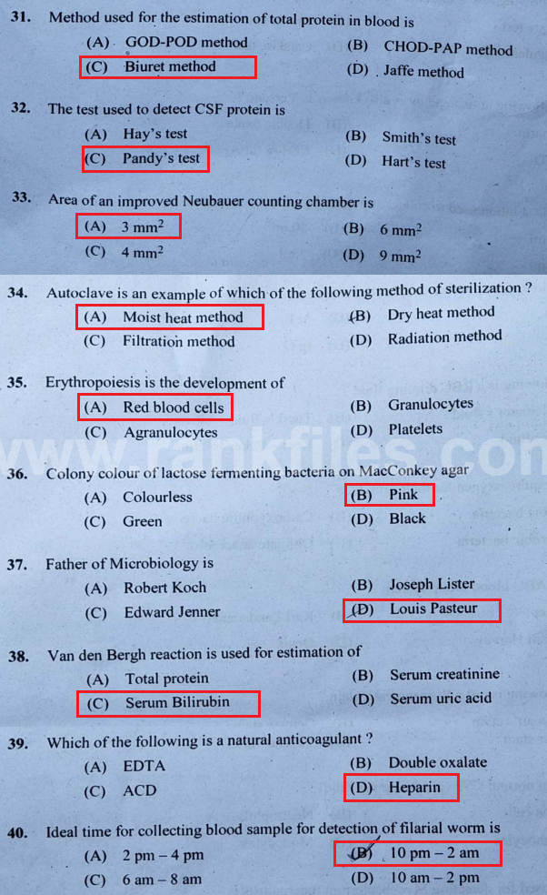 Solved Paper Kerala PSC Lab Assistant (Medical Service ) 07072018